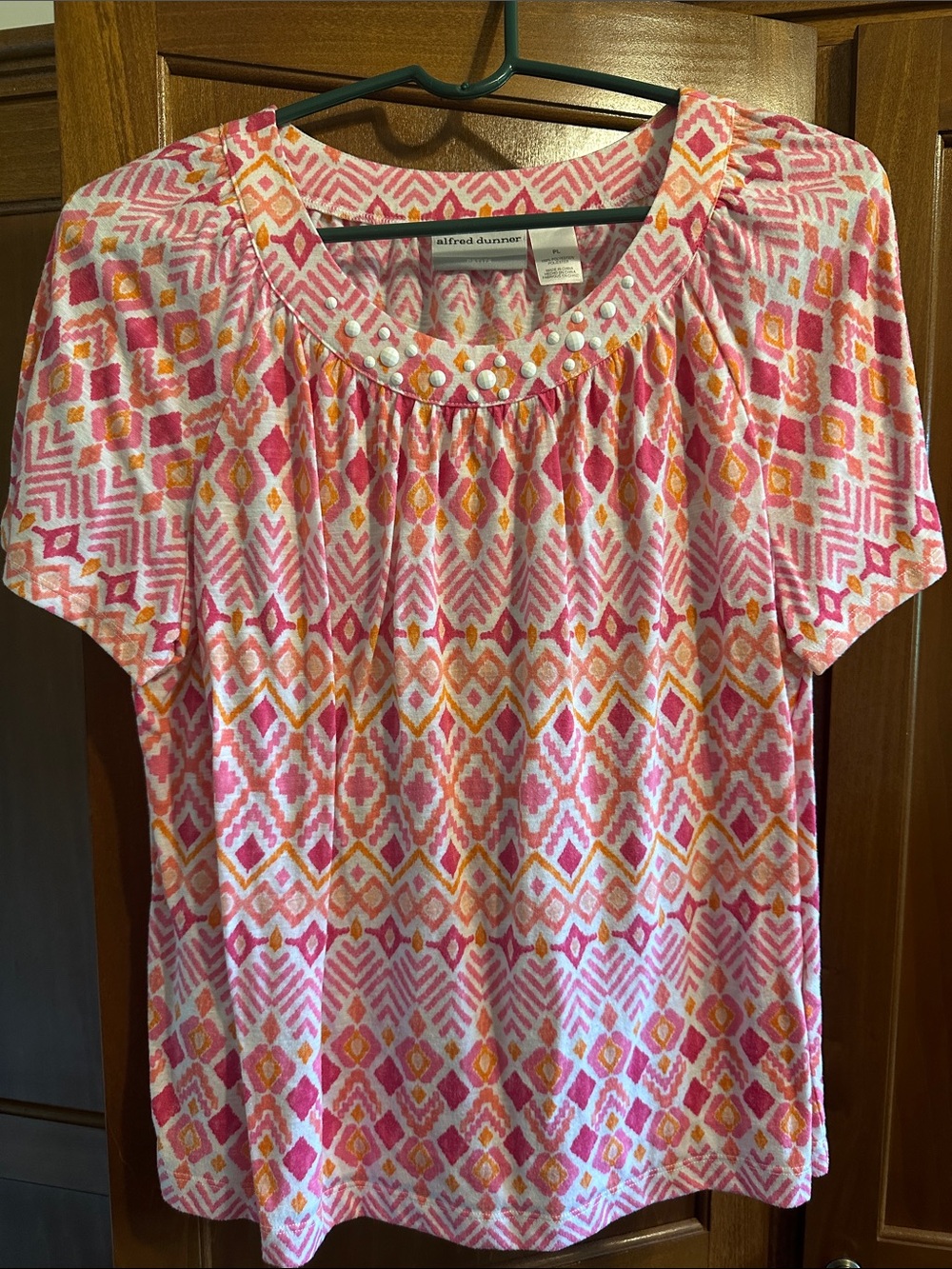 Alfred Dunner Pink and Orange Geometric Short Sleeve Top